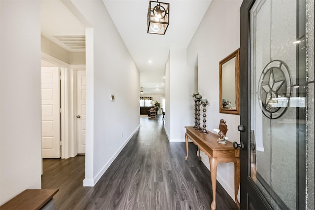 22107 Juniper Crossing Dr, New Caney, TX 77357 - corridor with dark wood finished floors, baseboards, and recessed lighting