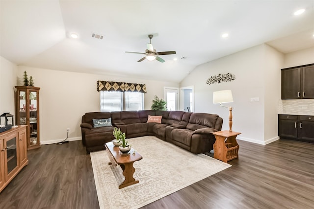 22107 Juniper Crossing Dr, New Caney, TX 77357 - living room featuring baseboards, ceiling fan, dark wood-type flooring, recessed lighting, and vaulted ceiling