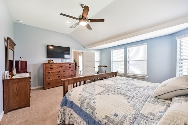 22107 Juniper Crossing Dr, New Caney, TX 77357 - bedroom with light carpet, vaulted ceiling, a ceiling fan, and baseboards