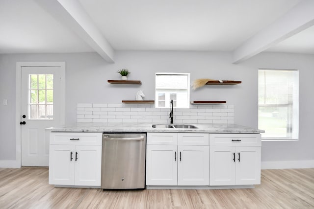 503 Schilling St, Baytown, TX 77520 - kitchen with open shelves, dishwasher, a sink, beamed ceiling, and tasteful backsplash