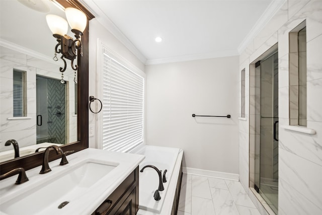 17511 Cassina Dr, Spring, TX 77388 - full bath with marble look tiles, a marble finish shower, vanity, a garden tub, and crown molding
