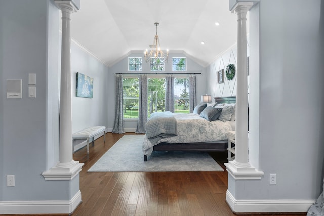 72 Tall Trl, Missouri City, TX 77459 - bedroom with ornate columns, lofted ceiling, dark wood finished floors, baseboards, and ornamental molding