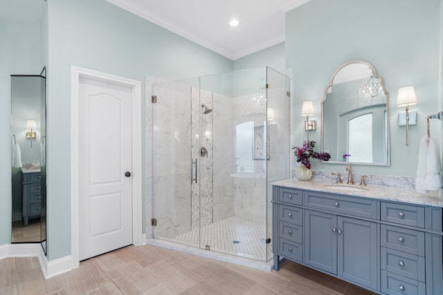 72 Tall Trl, Missouri City, TX 77459 - full bathroom with vanity, a shower stall, crown molding, and baseboards