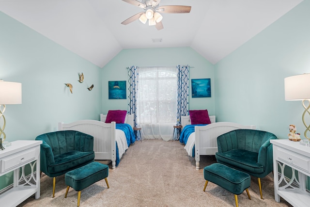 72 Tall Trl, Missouri City, TX 77459 - bedroom featuring carpet floors, vaulted ceiling, and a ceiling fan