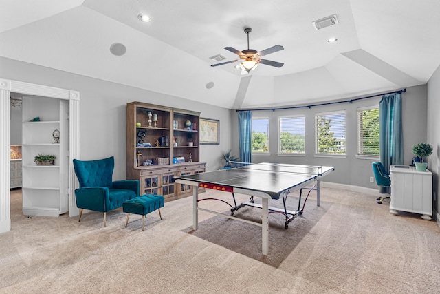 72 Tall Trl, Missouri City, TX 77459 - playroom featuring vaulted ceiling, carpet floors, a ceiling fan, recessed lighting, and baseboards