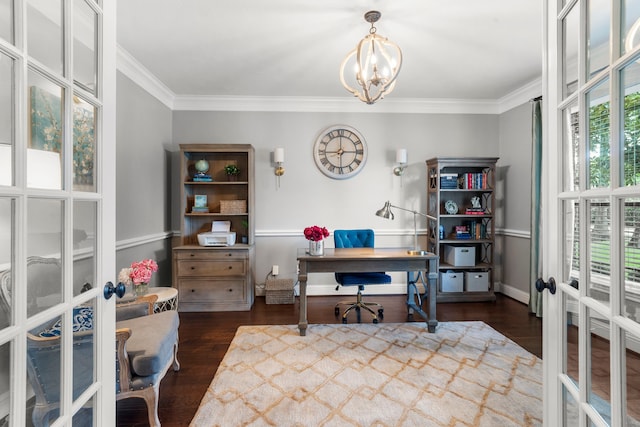 72 Tall Trl, Missouri City, TX 77459 - office featuring french doors, crown molding, a chandelier, and wood finished floors