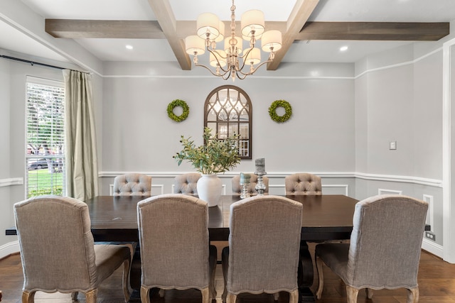 72 Tall Trl, Missouri City, TX 77459 - dining area with a chandelier, wood finished floors, beamed ceiling, wainscoting, and recessed lighting