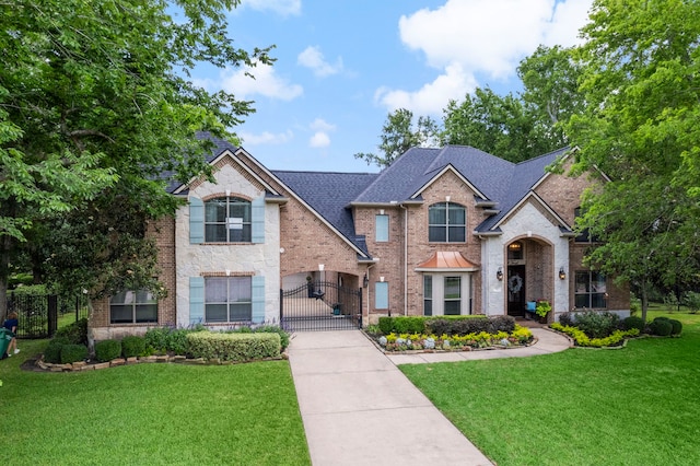 72 Tall Trl, Missouri City, TX 77459 - traditional home featuring a gate, brick siding, a front lawn, concrete driveway, and roof with shingles