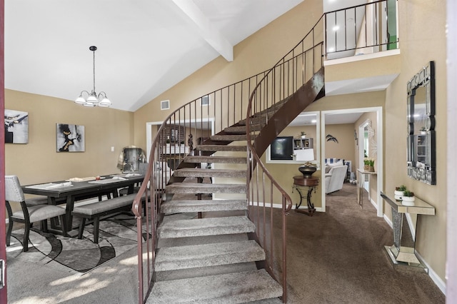 20407 Spoonwood Dr, Humble, TX 77346 - staircase featuring carpet flooring, beamed ceiling, high vaulted ceiling, baseboards, and a chandelier