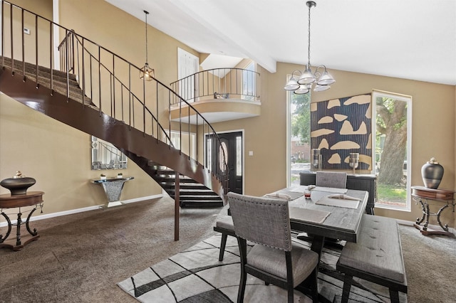 20407 Spoonwood Dr, Humble, TX 77346 - dining room with carpet flooring, stairway, a chandelier, baseboards, and vaulted ceiling
