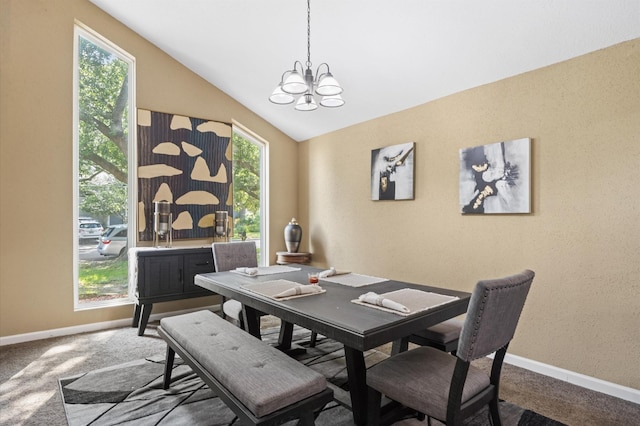 20407 Spoonwood Dr, Humble, TX 77346 - carpeted dining area with a chandelier, lofted ceiling, and baseboards