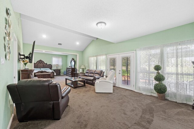 20407 Spoonwood Dr, Humble, TX 77346 - living room featuring lofted ceiling, carpet flooring, and french doors