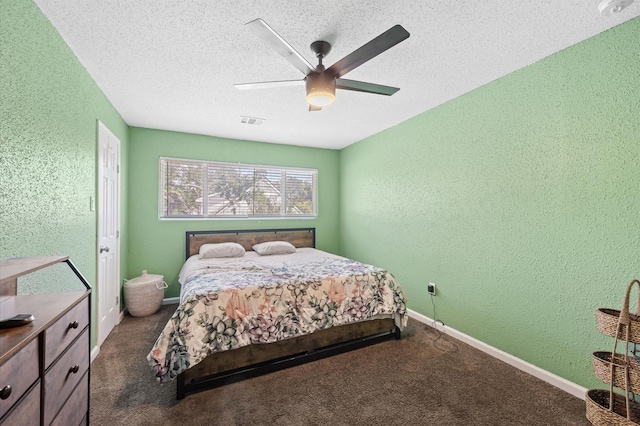 20407 Spoonwood Dr, Humble, TX 77346 - carpeted bedroom featuring a textured wall, a textured ceiling, ceiling fan, and baseboards