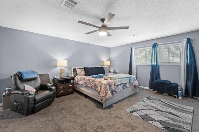 20407 Spoonwood Dr, Humble, TX 77346 - bedroom featuring a textured ceiling, carpet flooring, ceiling fan, and a textured wall