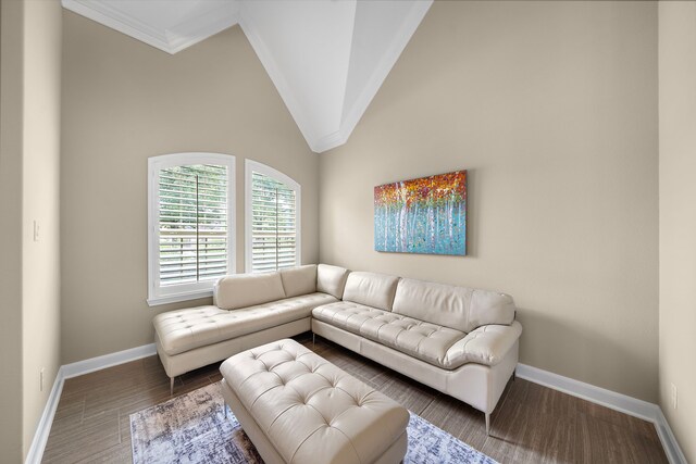 2506 Haven Hill Dr, Katy, TX 77494 - living room featuring baseboards, ornamental molding, a towering ceiling, and wood finished floors