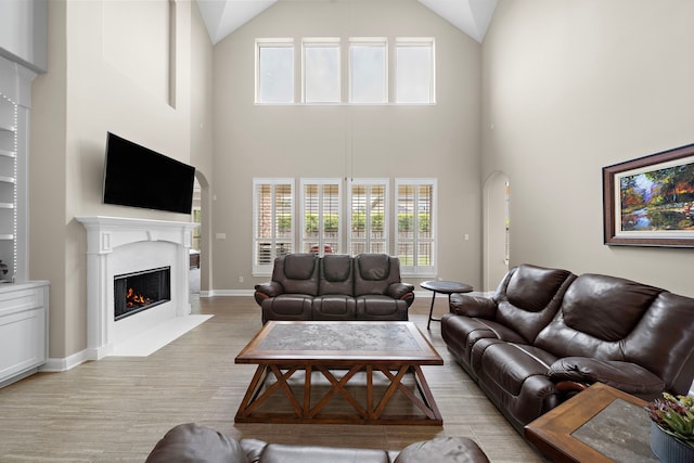 2506 Haven Hill Dr, Katy, TX 77494 - living area with a fireplace with flush hearth, light wood-style floors, high vaulted ceiling, plenty of natural light, and arched walkways