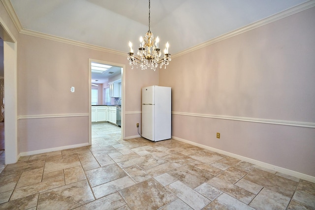 5022 Moss Run Dr, Missouri City, TX 77459 - unfurnished dining area featuring stone tile floors, a chandelier, ornamental molding, and baseboards