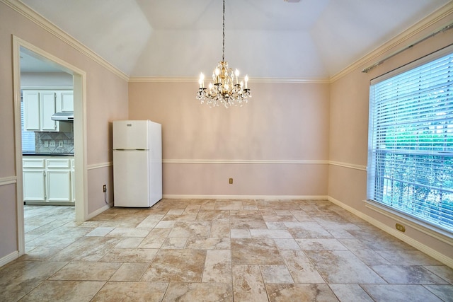 5022 Moss Run Dr, Missouri City, TX 77459 - unfurnished dining area featuring a chandelier, light stone finish flooring, vaulted ceiling, and baseboards