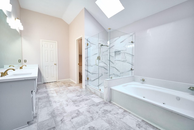 5022 Moss Run Dr, Missouri City, TX 77459 - bathroom featuring a skylight, a marble finish shower, double vanity, a jetted tub, and vaulted ceiling