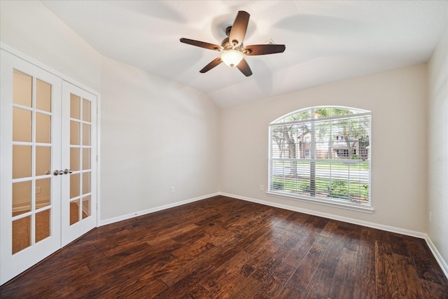 5023 Birch Manor Ln, Katy, TX 77494 - unfurnished room with french doors, dark wood-style flooring, baseboards, ceiling fan, and lofted ceiling