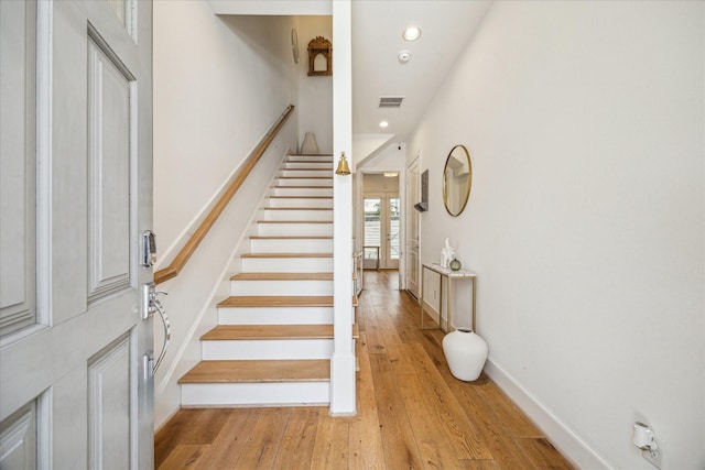 6110 Nicholas Grove Pl, Houston, TX 77055 - staircase with hardwood / wood-style flooring, recessed lighting, and baseboards