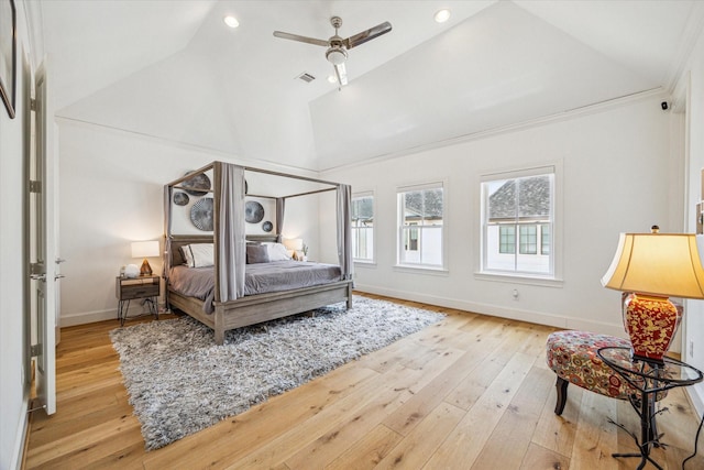 6110 Nicholas Grove Pl, Houston, TX 77055 - bedroom featuring light wood-style flooring, baseboards, crown molding, ceiling fan, and high vaulted ceiling