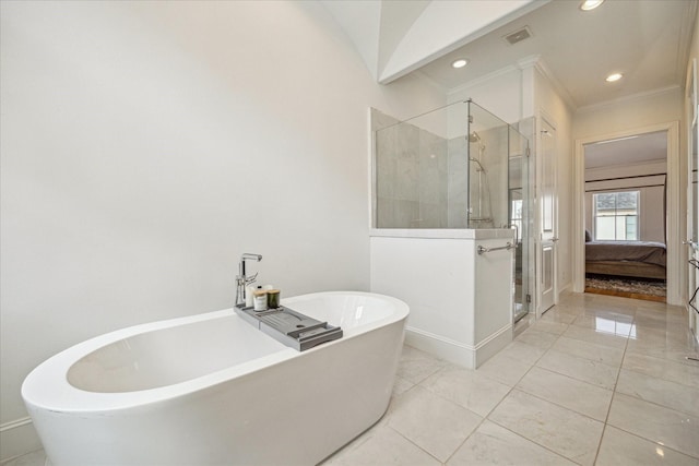 6110 Nicholas Grove Pl, Houston, TX 77055 - ensuite bathroom with a stall shower, a soaking tub, ornamental molding, recessed lighting, and baseboards