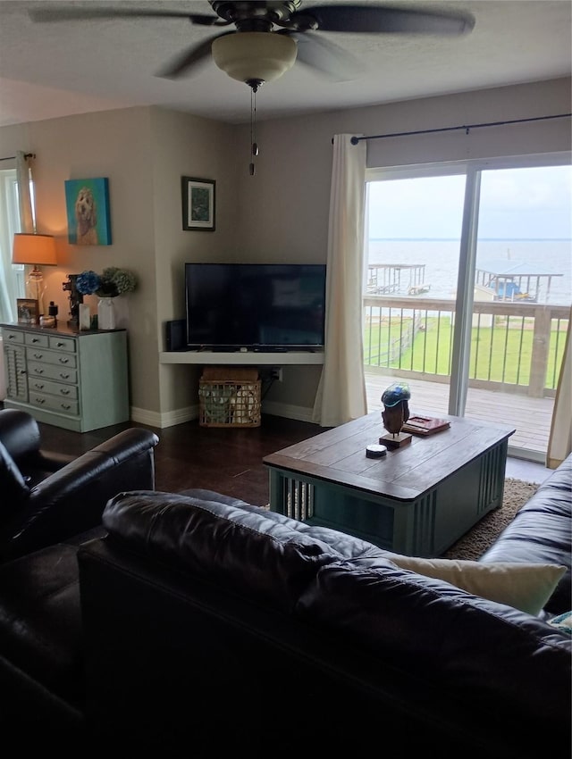 41 Lakeview Shores Dr, Coldspring, TX 77331 - living room with a ceiling fan, healthy amount of natural light, and wood finished floors