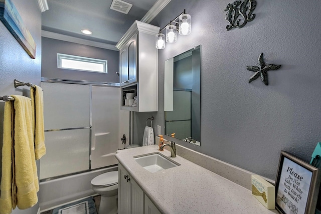 948 Holiday, Crystal Beach, TX 77650 - bathroom featuring toilet, vanity, enclosed tub / shower combo, crown molding, and recessed lighting