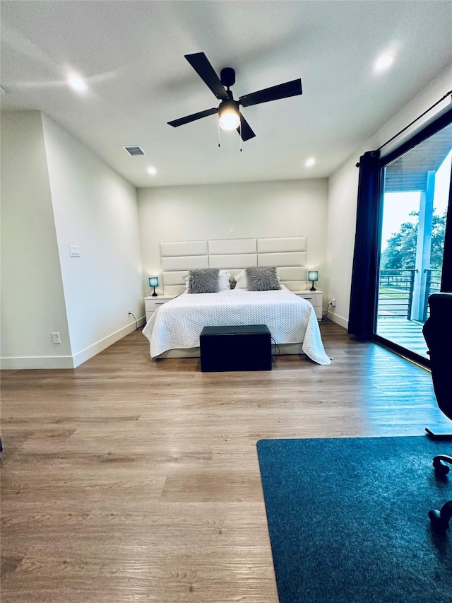 210 E 39th St, Houston, TX 77018 - bedroom featuring access to outside, baseboards, recessed lighting, wood finished floors, and a ceiling fan