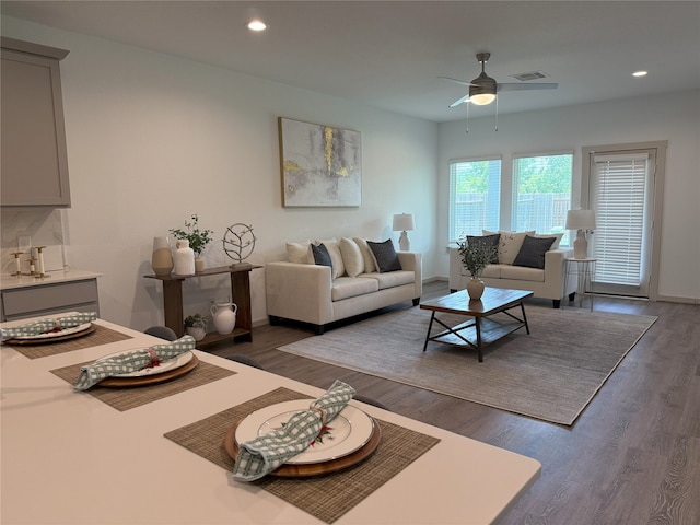 12545 Walmgate Ct, Houston, TX 77047 - living room featuring a ceiling fan, recessed lighting, wood finished floors, and baseboards