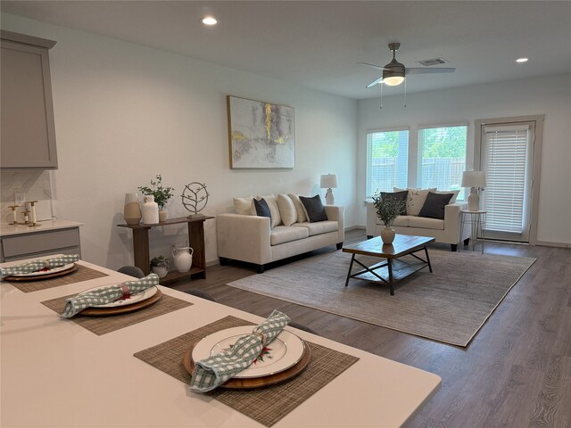 12545 Walmgate Ct, Houston, TX 77047 - living area with a ceiling fan, wood finished floors, recessed lighting, and baseboards