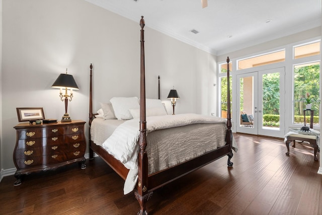 91 N Hunters Crossing Cir, The Woodlands, TX 77381 - bedroom with access to outside, dark wood-style floors, and ornamental molding
