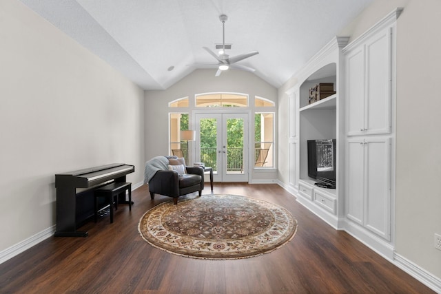 91 N Hunters Crossing Cir, The Woodlands, TX 77381 - living area with dark wood-style flooring, french doors, ceiling fan, lofted ceiling, and baseboards