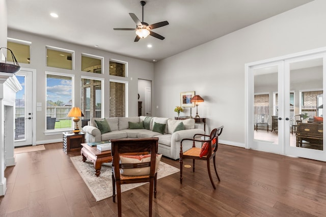 28911 Ally Lynn Way, Katy, TX 77494 - living area with french doors, a ceiling fan, wood finished floors, baseboards, and recessed lighting