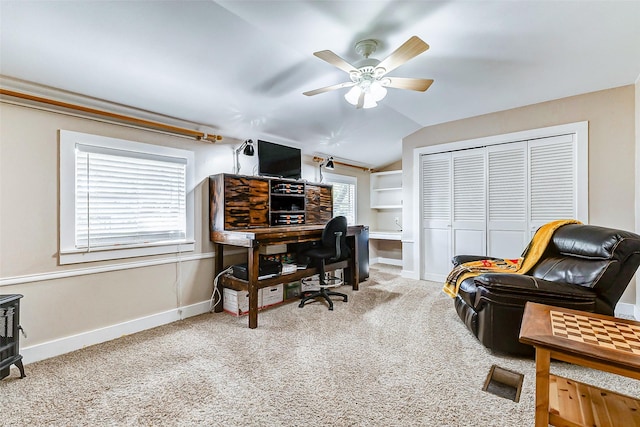 1200 E US Highway 90, Flatonia, TX 78941 - carpeted home office featuring a ceiling fan, vaulted ceiling, and baseboards