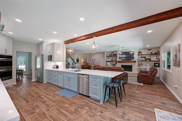 19202 Indigo Lake Dr, Magnolia, TX 77355 - kitchen with stainless steel appliances, a fireplace, dark wood-style flooring, recessed lighting, and a peninsula
