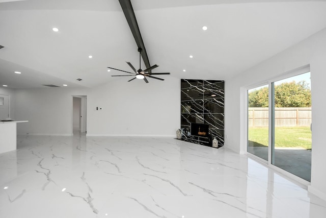 22718 Carter Moir Ln, Katy, TX 77449 - unfurnished living room with recessed lighting, a premium fireplace, marble tiled floors, baseboards, and ceiling fan
