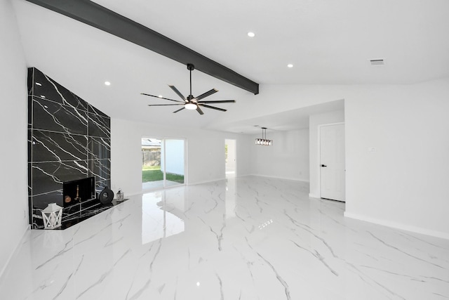 22718 Carter Moir Ln, Katy, TX 77449 - unfurnished living room featuring a premium fireplace, marble tiled flooring, recessed lighting, ceiling fan, and baseboards