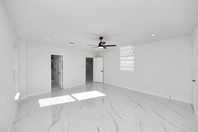22718 Carter Moir Ln, Katy, TX 77449 - unfurnished bedroom featuring baseboards, recessed lighting, marble finish flooring, a ceiling fan, and ensuite bath