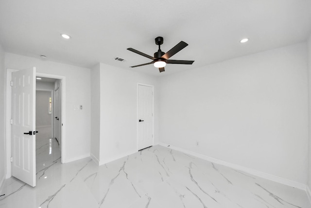 22718 Carter Moir Ln, Katy, TX 77449 - unfurnished bedroom with recessed lighting, baseboards, marble look tiles, and ceiling fan
