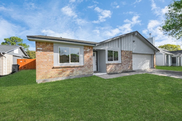 22718 Carter Moir Ln, Katy, TX 77449 - ranch-style house with brick siding, an attached garage, driveway, board and batten siding, and a chimney