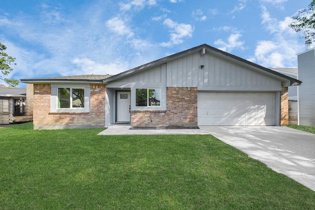 22718 Carter Moir Ln, Katy, TX 77449 - ranch-style home with brick siding, a garage, concrete driveway, and a front yard