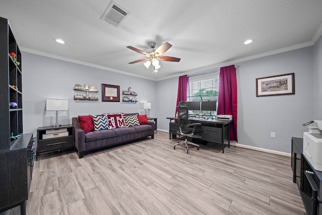 3010 Helberg Rd, Houston, TX 77092 - office area with ceiling fan, baseboards, ornamental molding, light wood-type flooring, and recessed lighting