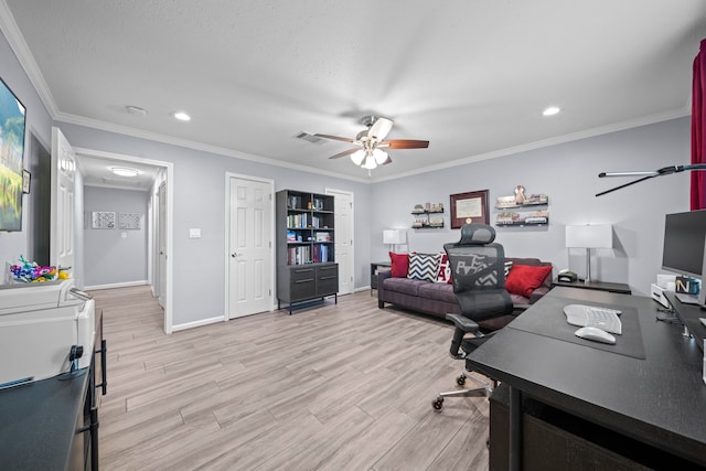3010 Helberg Rd, Houston, TX 77092 - office area with ceiling fan, light wood-style flooring, baseboards, recessed lighting, and crown molding