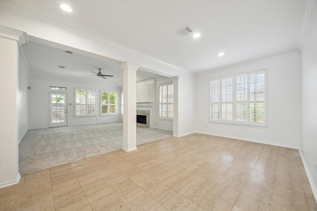 14507 Sycamore Lake Rd, Houston, TX 77062 - unfurnished living room with crown molding, a ceiling fan, a tiled fireplace, baseboards, and recessed lighting