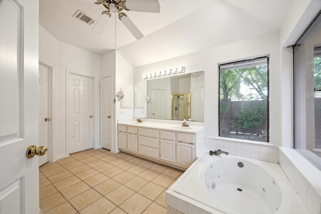 14507 Sycamore Lake Rd, Houston, TX 77062 - full bath featuring a jetted tub, double vanity, ceiling fan, tile patterned floors, and an enclosed shower