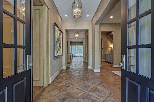 3637 Meadow Lake Ln, Houston, TX 77027 - foyer entrance featuring baseboards, a chandelier, and recessed lighting