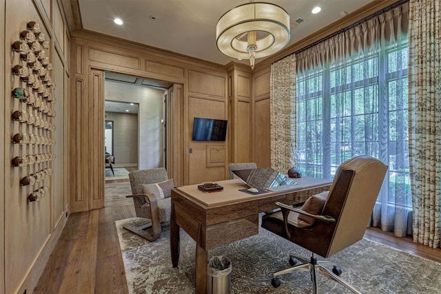3637 Meadow Lake Ln, Houston, TX 77027 - home office with ornamental molding, wood finished floors, and recessed lighting