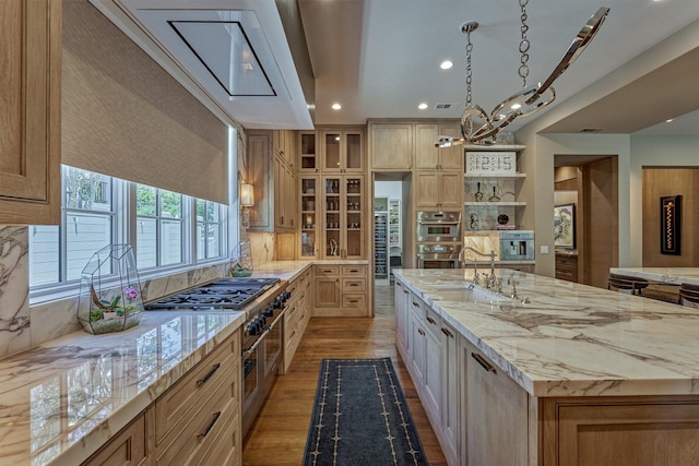 3637 Meadow Lake Ln, Houston, TX 77027 - kitchen featuring wood finished floors, a large island, recessed lighting, a sink, and appliances with stainless steel finishes